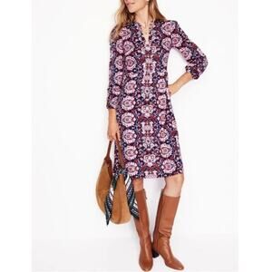 Boden Naomi Bloom Trellis Jersey Dress Blue Pink Long Sleeve Size 10